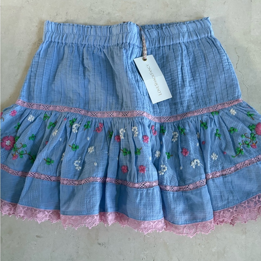 LoveShackFancy Blue Skirt with Pink and Green Embroidery